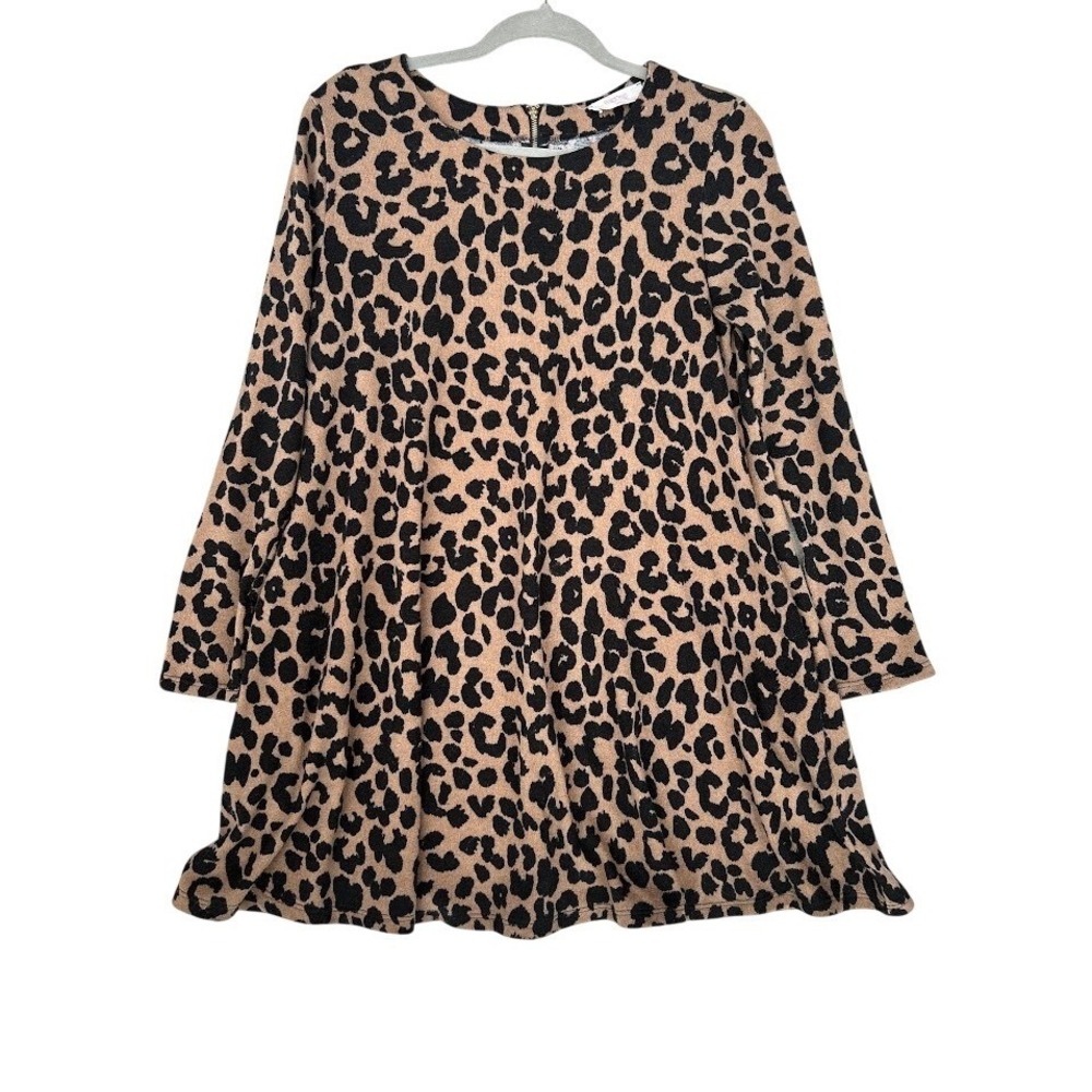 Peach Love California Leopard Print Long Sleeve Swing Mini Dress  Pockets Medium